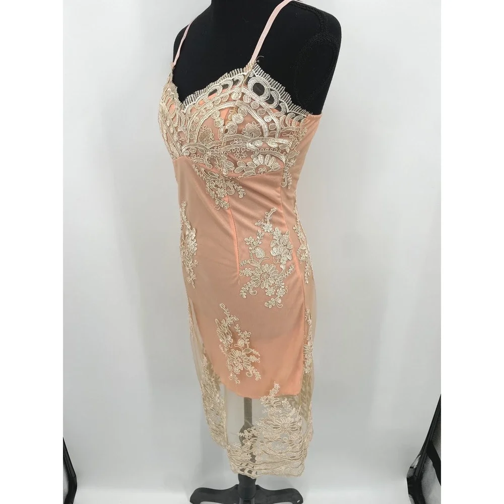 CBR Lace Dress Womens S Pink Lace Overlay Sheer Hem Embroidered Wedding Guest